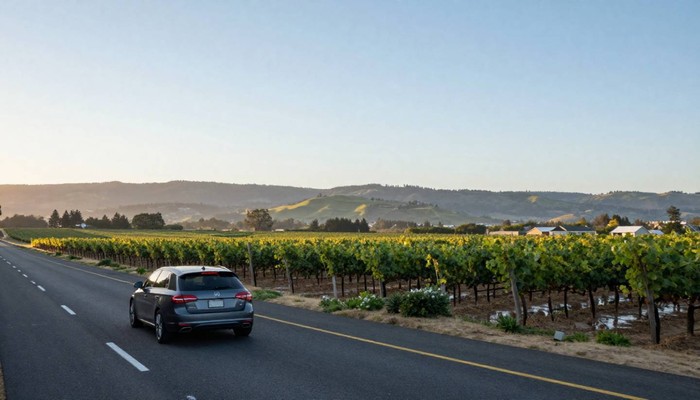 Early morning drive from Marin County into Napa Valley with vineyard rows and open sky along Highway 37.