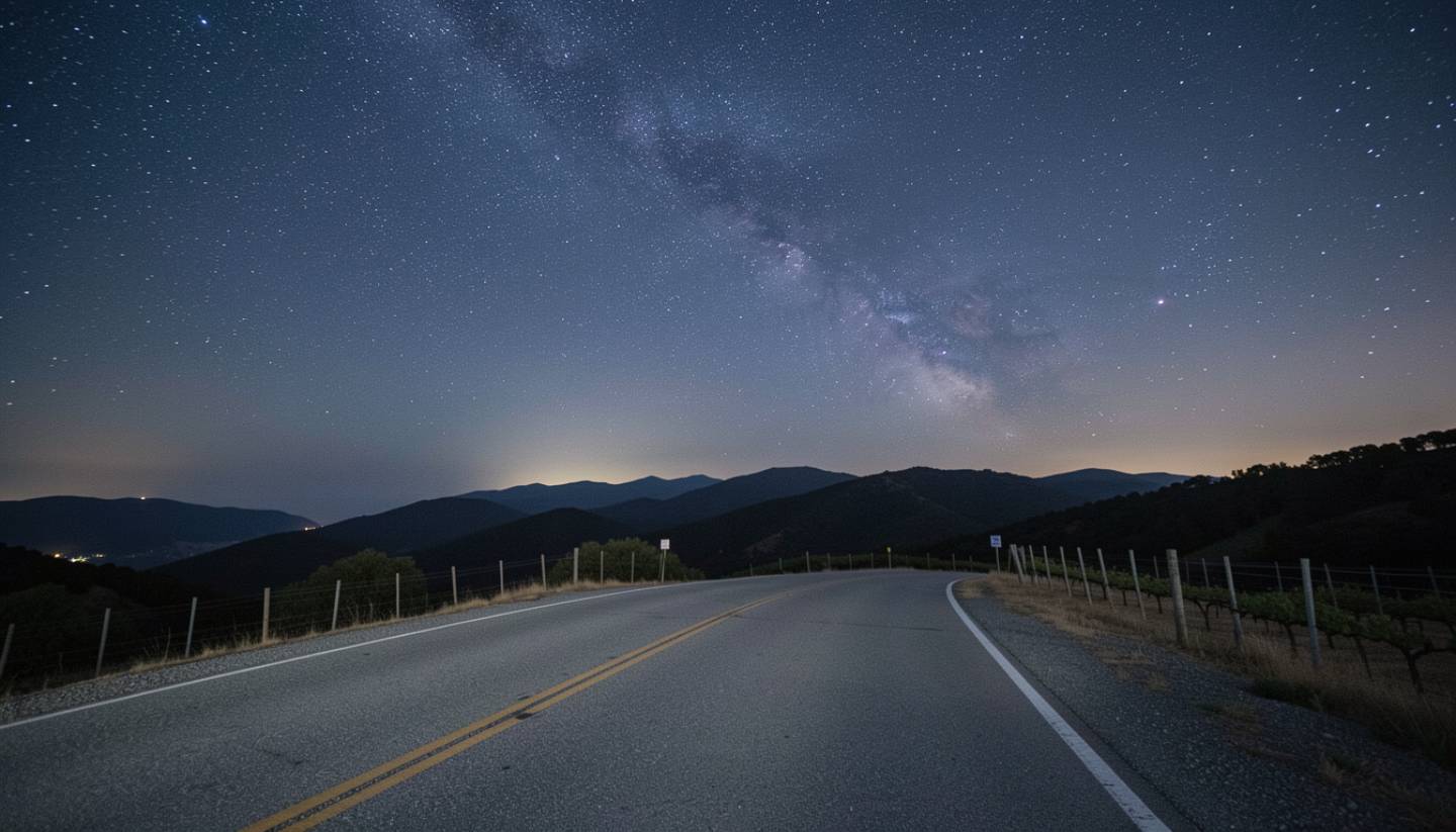 High-elevation road or pullout on Mount Veeder or Atlas Peak at night. Road edge or vineyard fence faintly visible. Stars overhead. No headlights, no people.