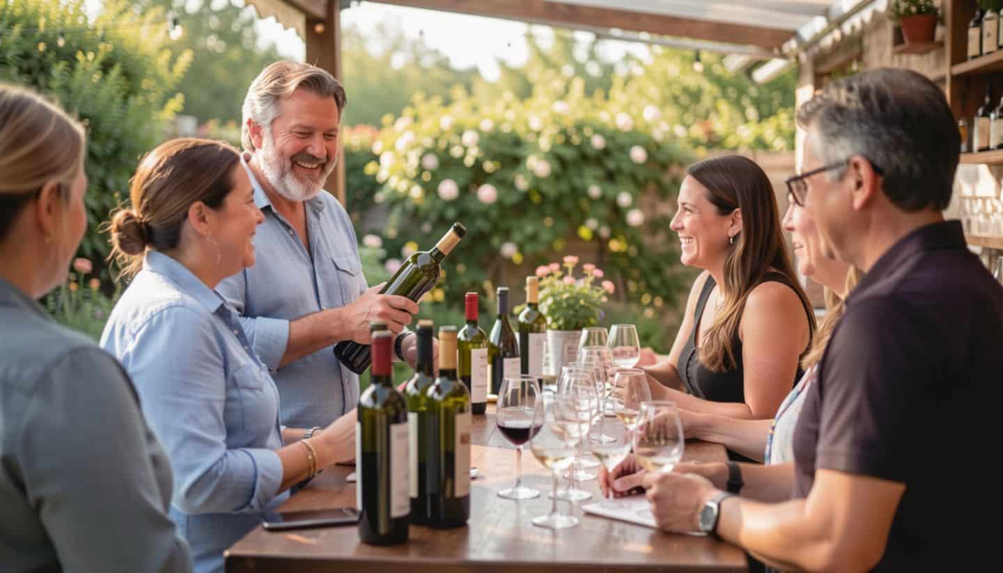 Wine educator pouring affordable tasting at Napa winery.