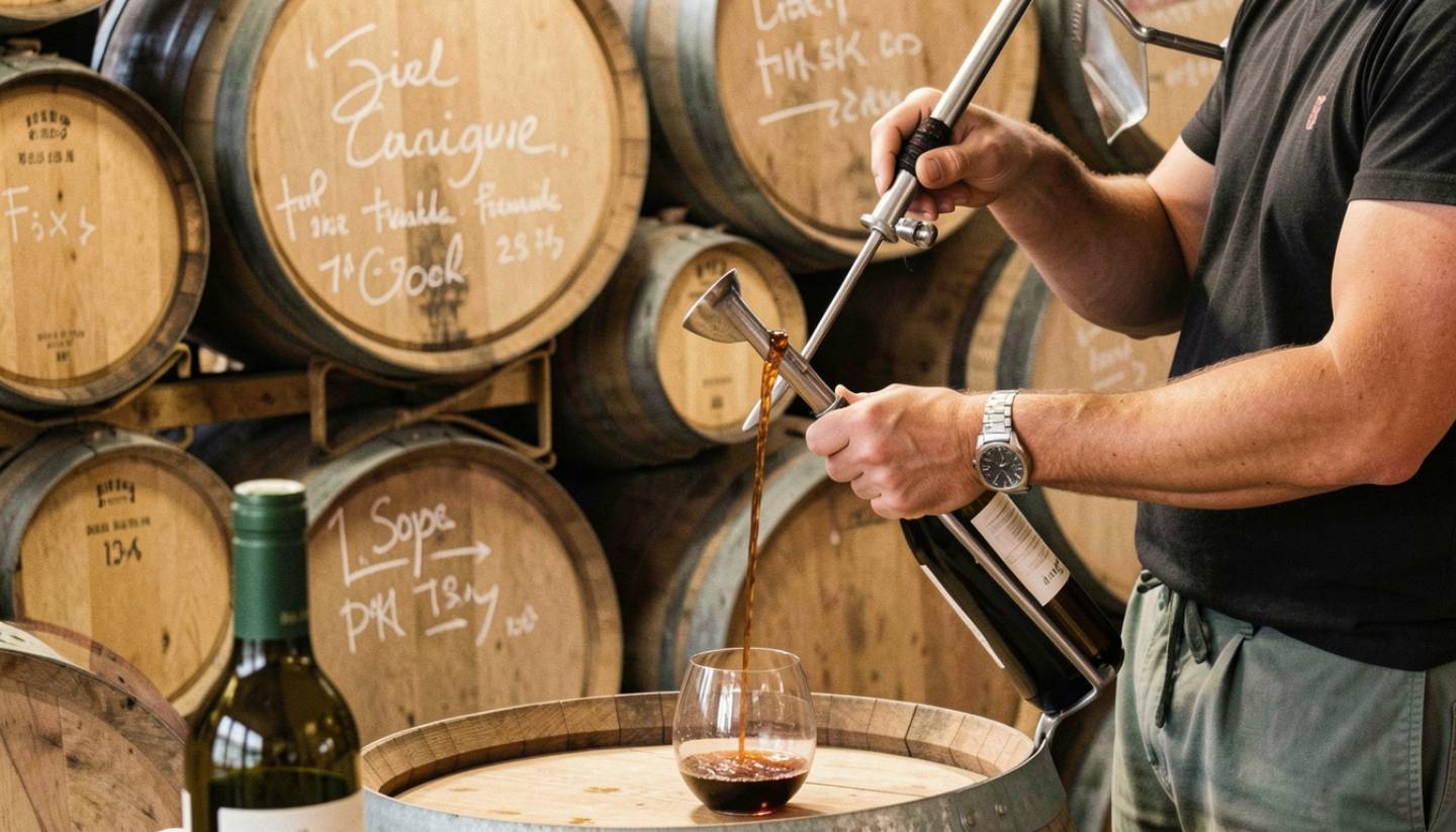 Winemaker drawing a barrel sample during a Napa Valley wine tasting to demonstrate how oak and aging influence wine.