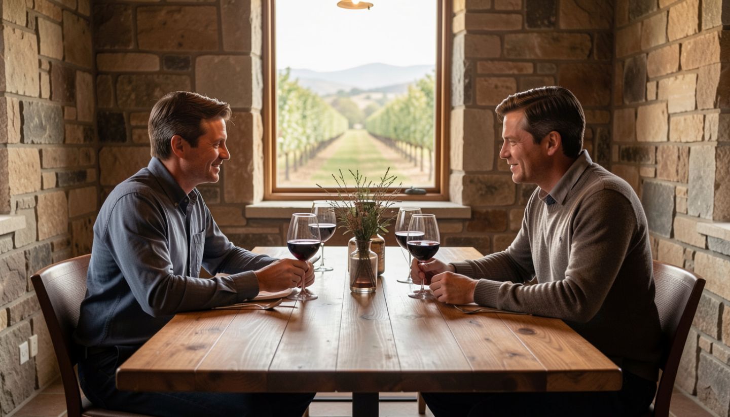 Private seated wine tasting inside a boutique Napa Valley winery with stone walls and wooden table, highlighting an appointment-only, intimate estate experience.
