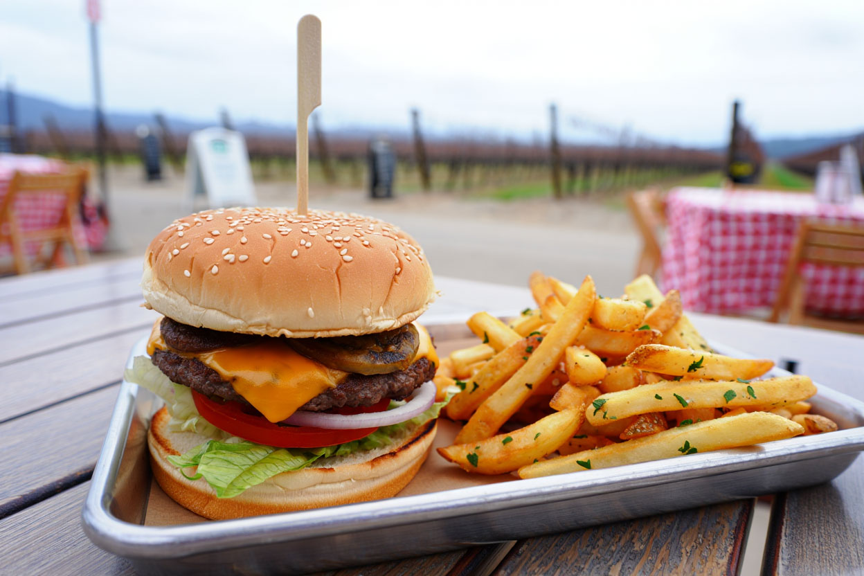 Burger and fries at a casual roadside restaurant along Highway 29 in Napa Valley.