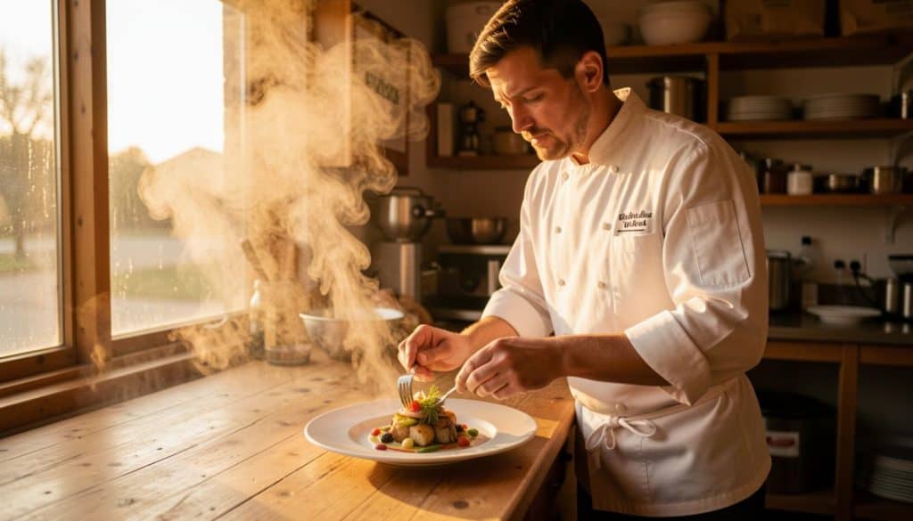 Chef preparing seasonal dish for Napa wine pairing.