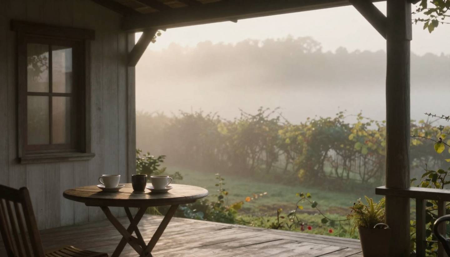 Morning fog lifting over a private cottage porch in Napa Valley, with coffee on an outdoor table and vineyard views creating a peaceful start to the day.