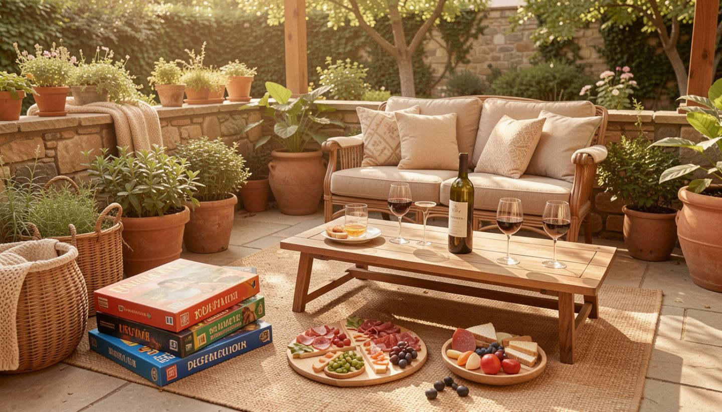 Family-friendly wine tasting patio with games and snacks.