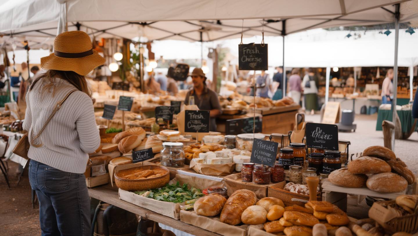 A Napa Farmers Market stall featuring small-batch cheeses, bread, and preserves with handwritten labels as locals browse and talk with the producer.