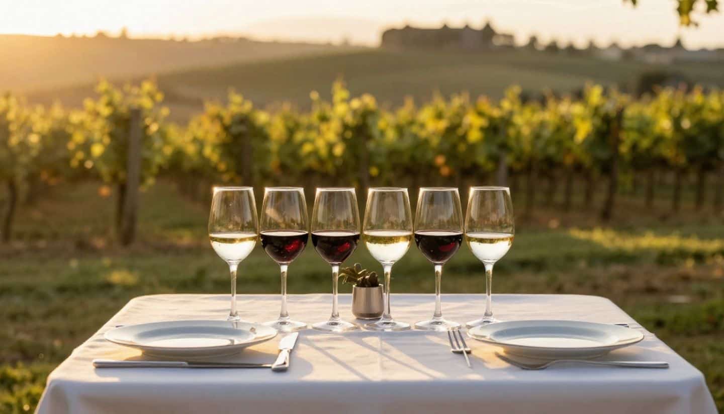 Napa Valley food and wine pairing experience overlooking vineyard.