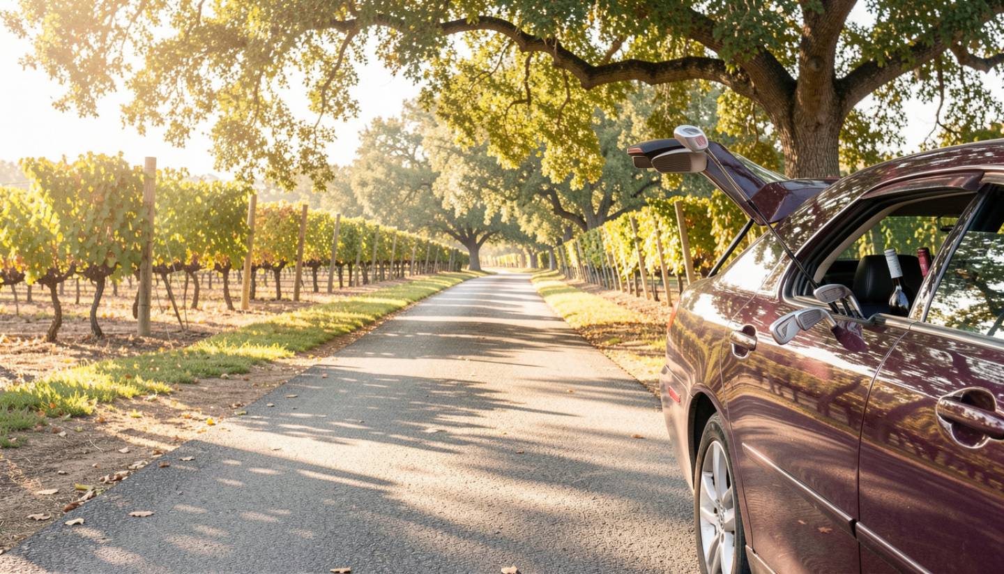 Golf clubs in a car parked near vineyard rows in Napa Valley during a midday transition from golf to wine tasting.