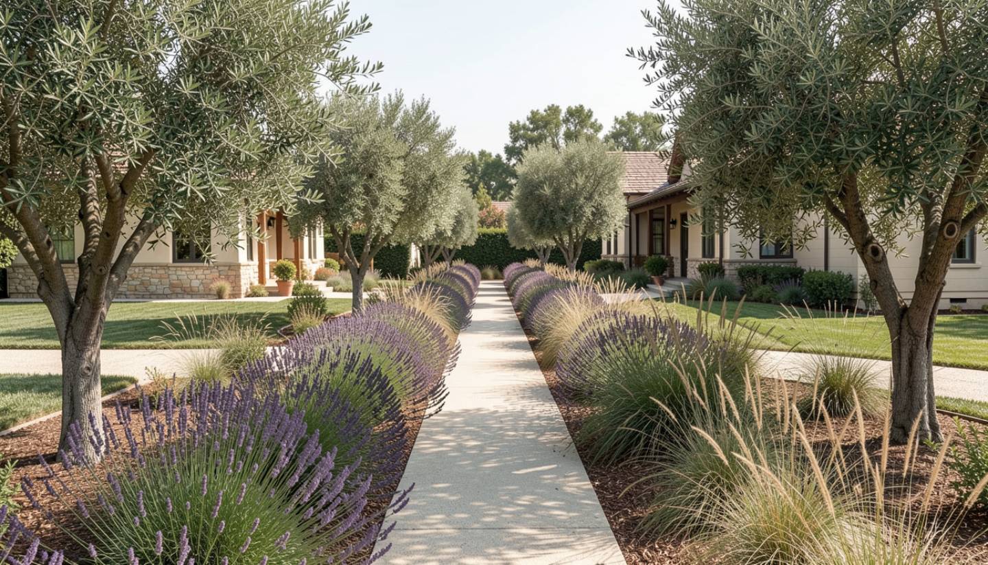 Garden pathway connecting private cottages at a Napa Valley hotel, surrounded by olive trees and native landscaping that emphasize privacy and walkability.