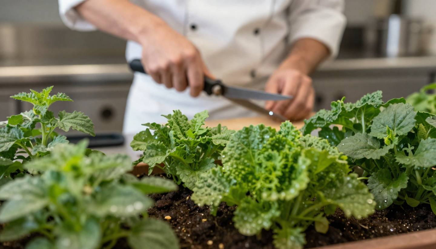 Culinary garden at a Napa Valley hotel showing fresh seasonal produce used by chefs to create farm driven menus for food focused travelers.