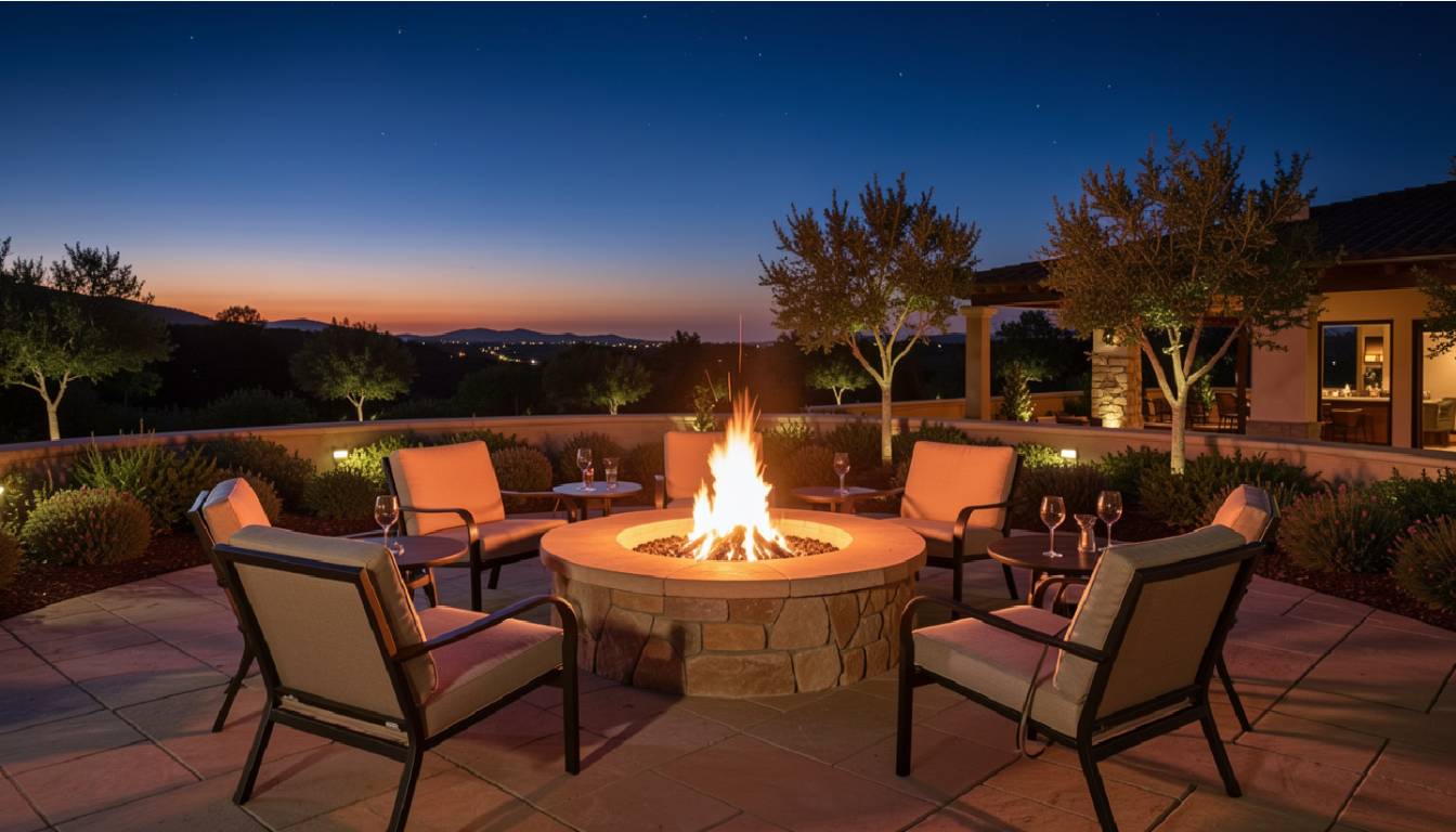 Guests gathered around an outdoor fire pit at a Napa Valley hotel in the evening, highlighting relaxed hospitality for night owls.