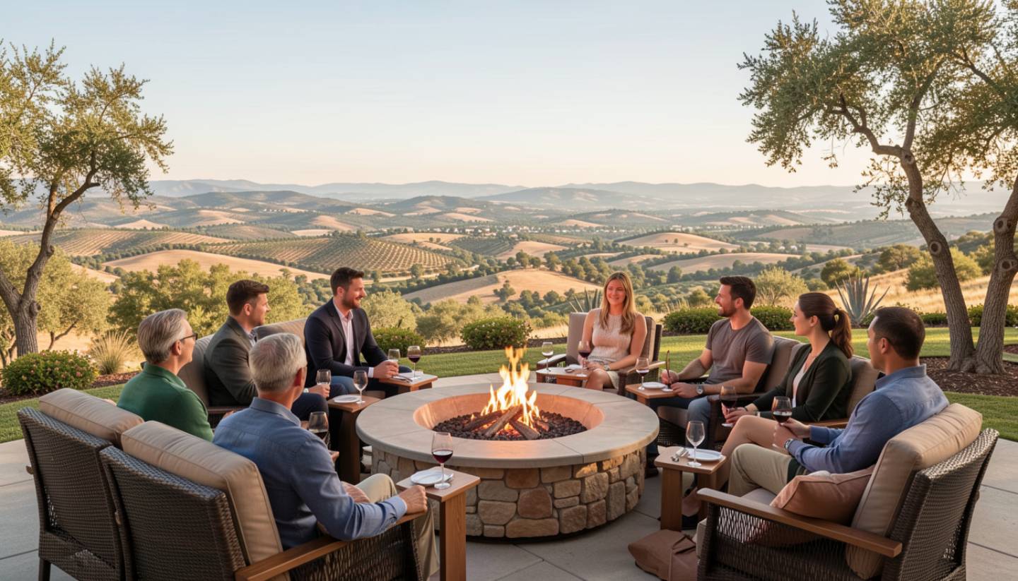Guests relaxing around an outdoor fire pit at a Napa Valley hotel designed for large group stays, with evening light and vineyard surroundings.