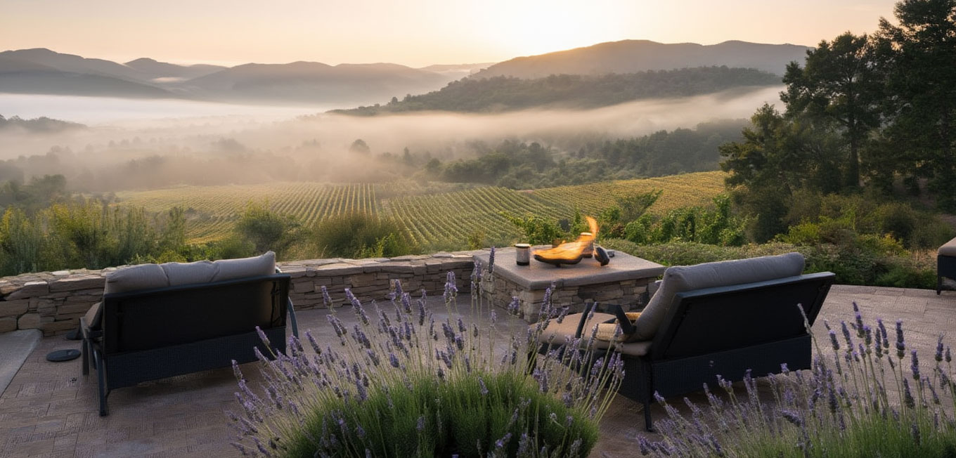 Garden path at a Napa Valley luxury resort with oak trees and native landscaping, illustrating the quiet and restorative nature of a high-end wine country stay.