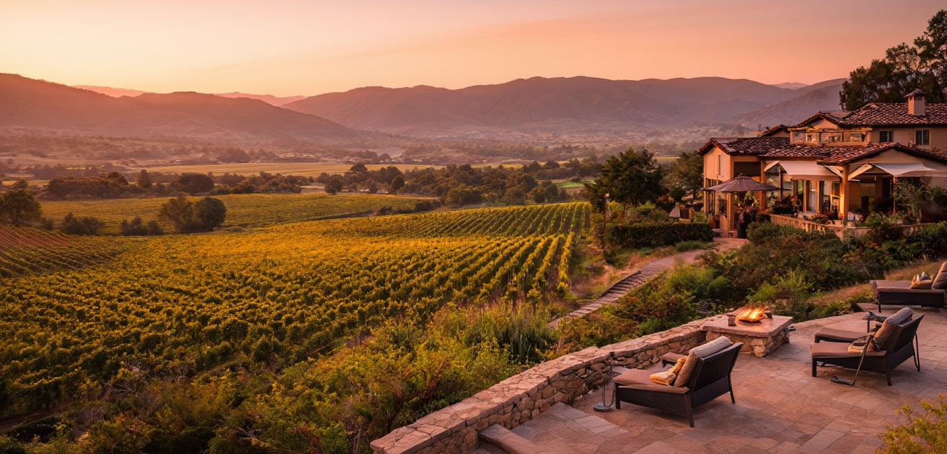 Early morning scene at a Napa Valley luxury resort with fog resting low over vineyards, taken from a quiet terrace or garden path before guests are awake.