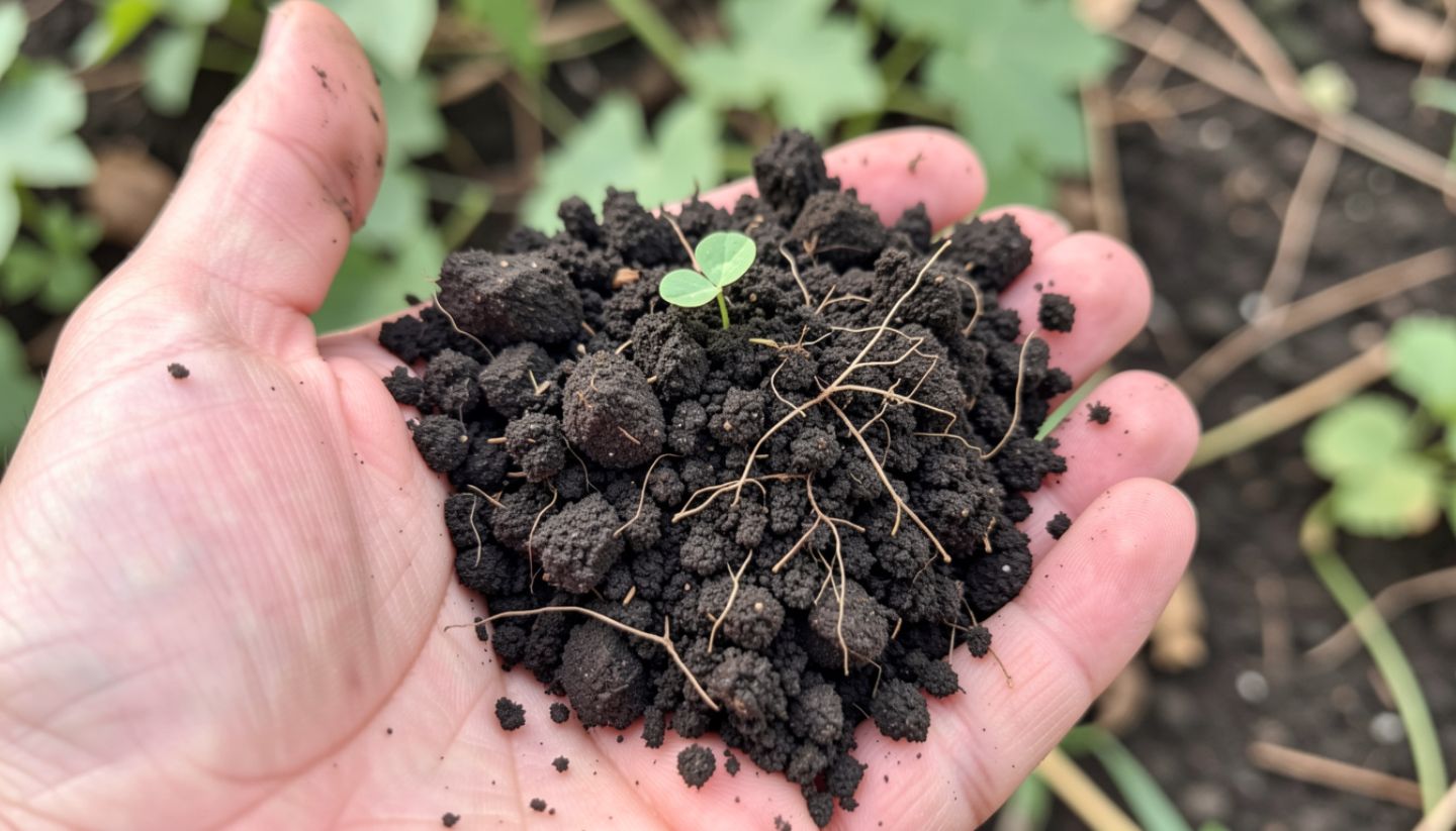 “Close-up of a hand holding rich vineyard soil in Napa Valley with a small green plant, showing the focus on soil health in organic and regenerative farming.”