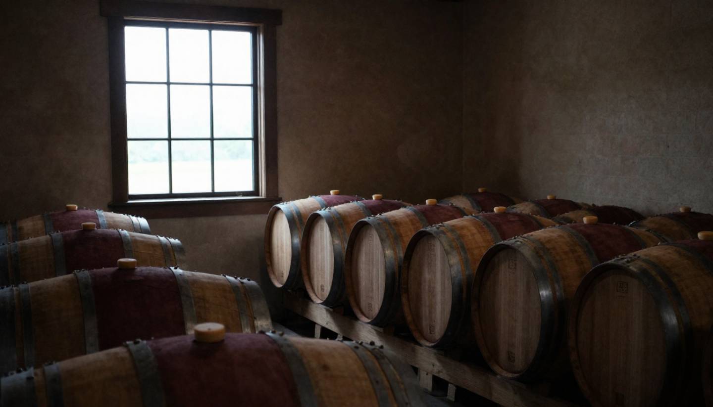 Quiet Napa Valley wine cellar with oak barrels and soft natural light, representing reserve tastings and age-worthy Cabernet wines.