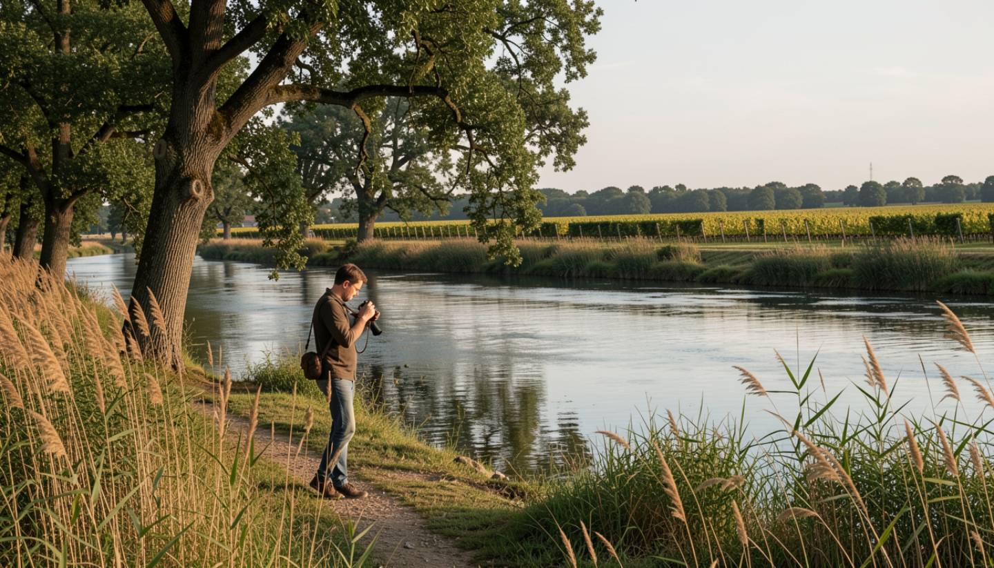 A nature walk along the Napa River or Vine Trail, showing a person walking slowly near water with binoculars visible, framed by reeds, oak trees, and distant vineyards