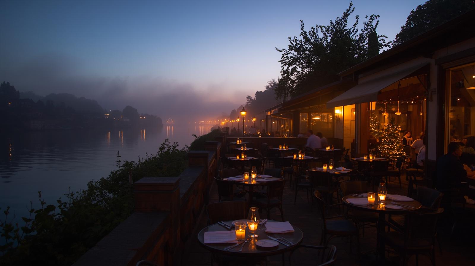  Evening dining along the Napa Riverfront with restaurants lit at dusk and guests seated near the water.