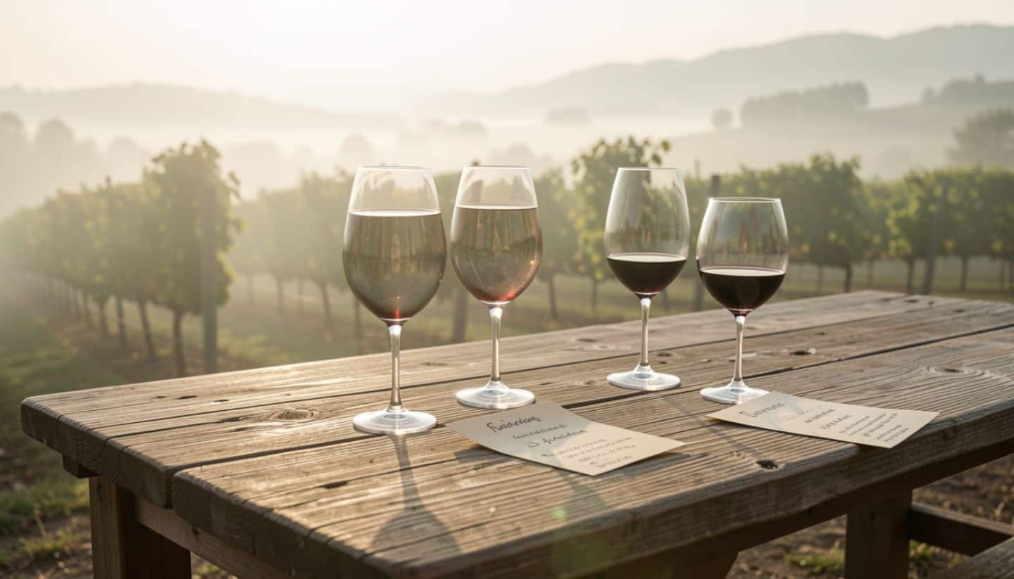 Napa wine tasting with vineyard backdrop and tasting notes.