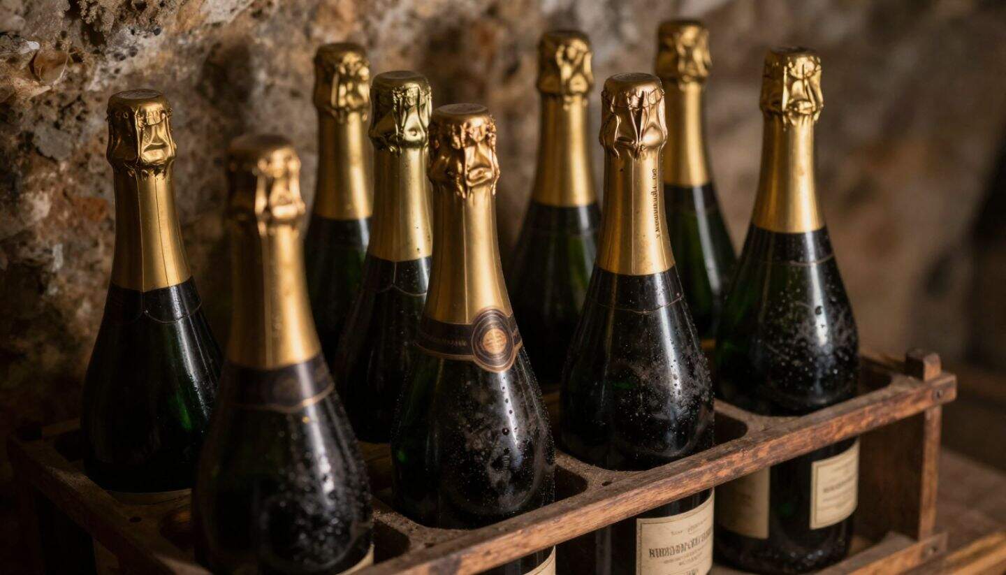 Sparkling wine aging in traditional riddling rack.
