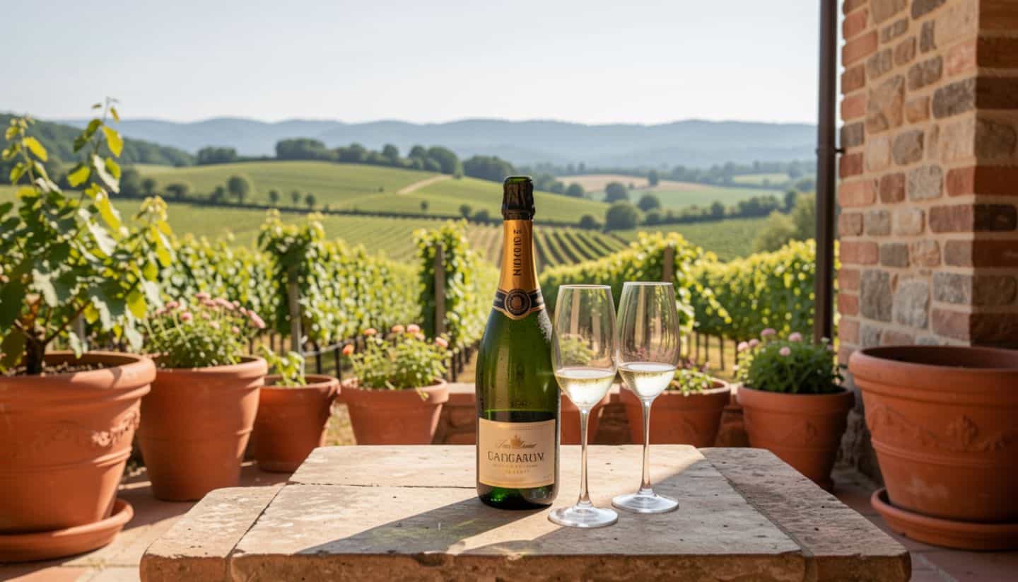 Sparkling wine and flutes on a Napa Valley vineyard terrace.