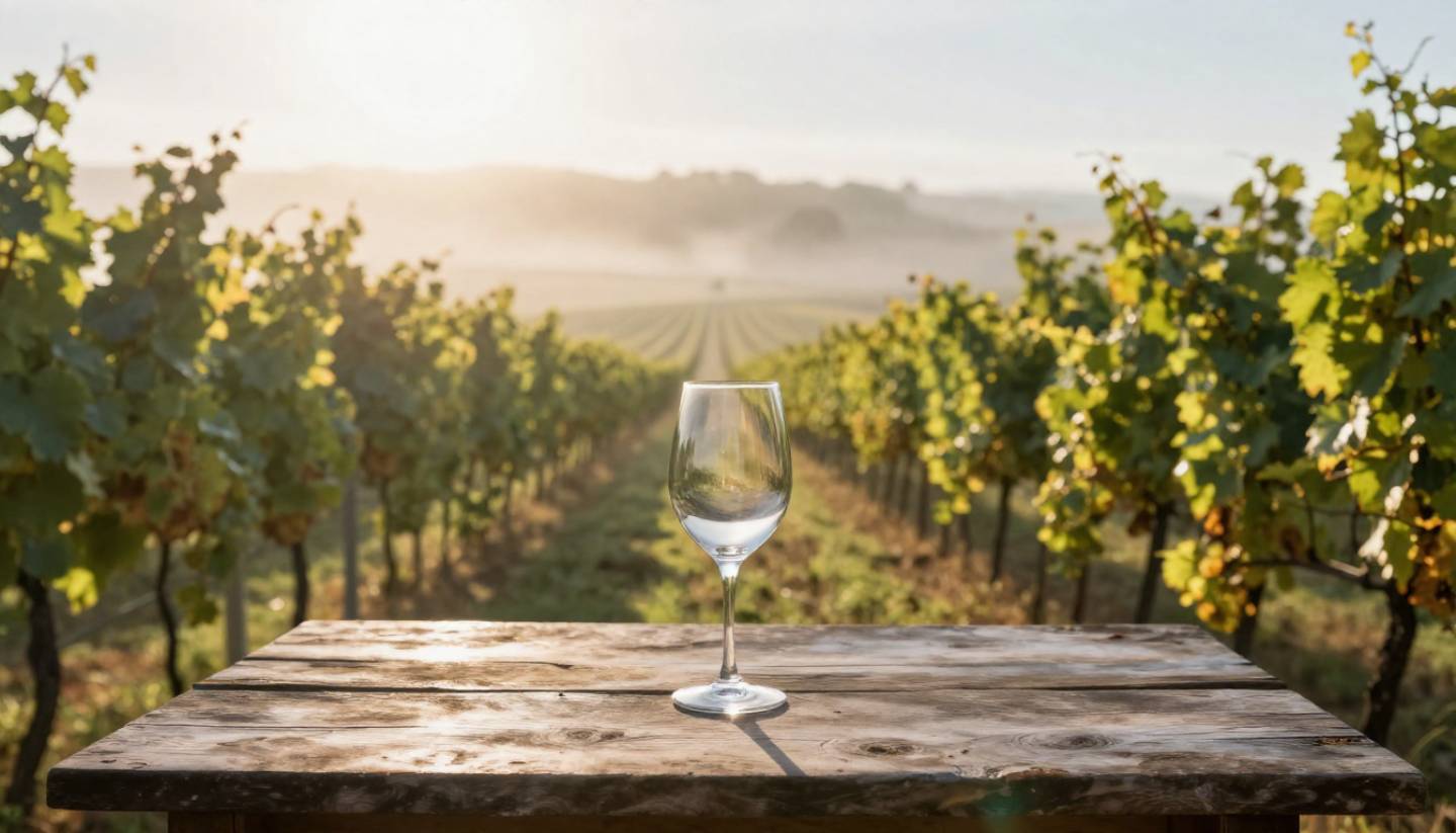 Single glass of wine on a table overlooking Napa Valley vineyards in early afternoon light, showing the transition from brunch to a relaxed wine tasting experience.