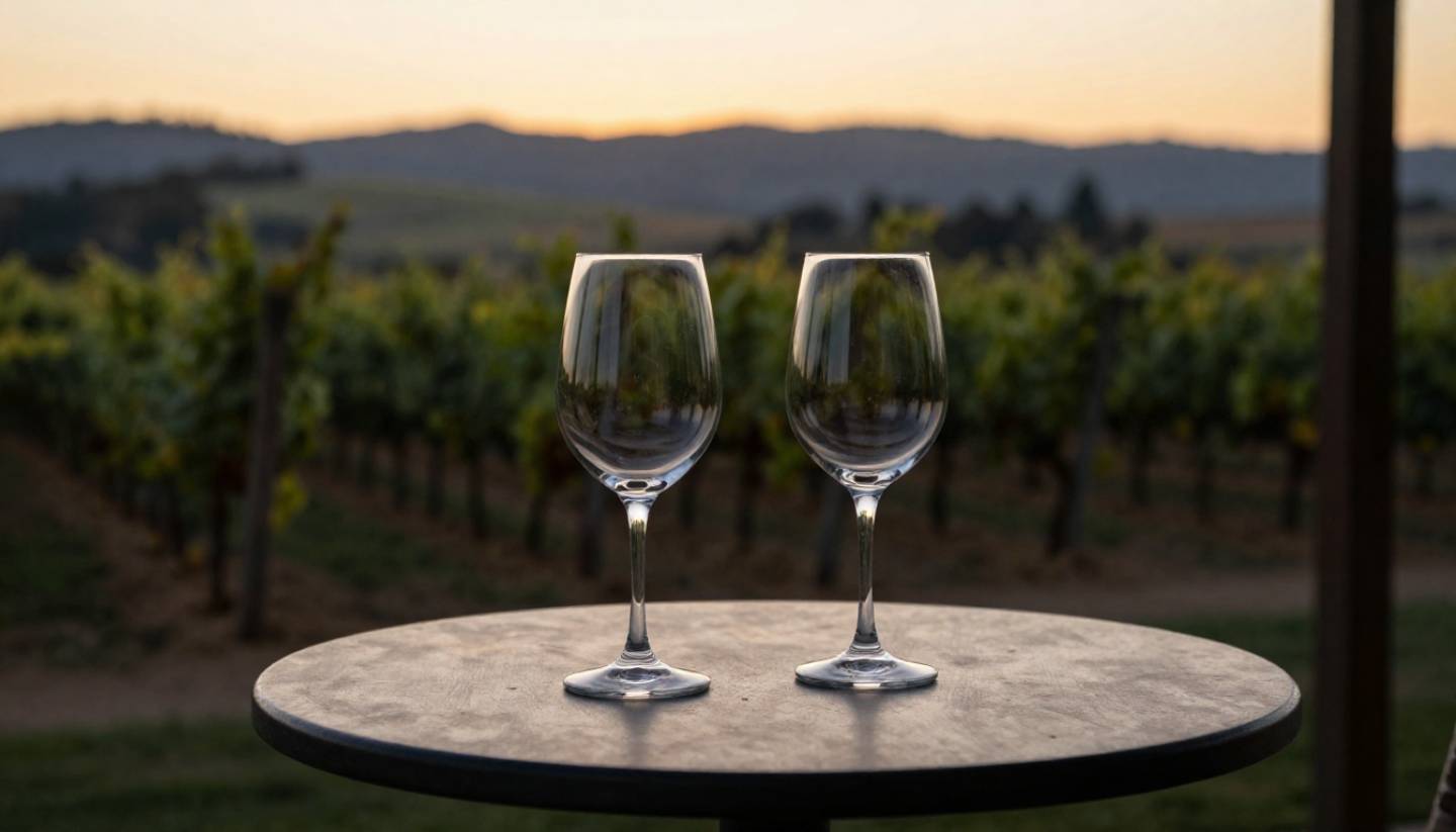 Quiet Napa Valley vineyard at sunset with two wine glasses on a table, suggesting a romantic anniversary setting.