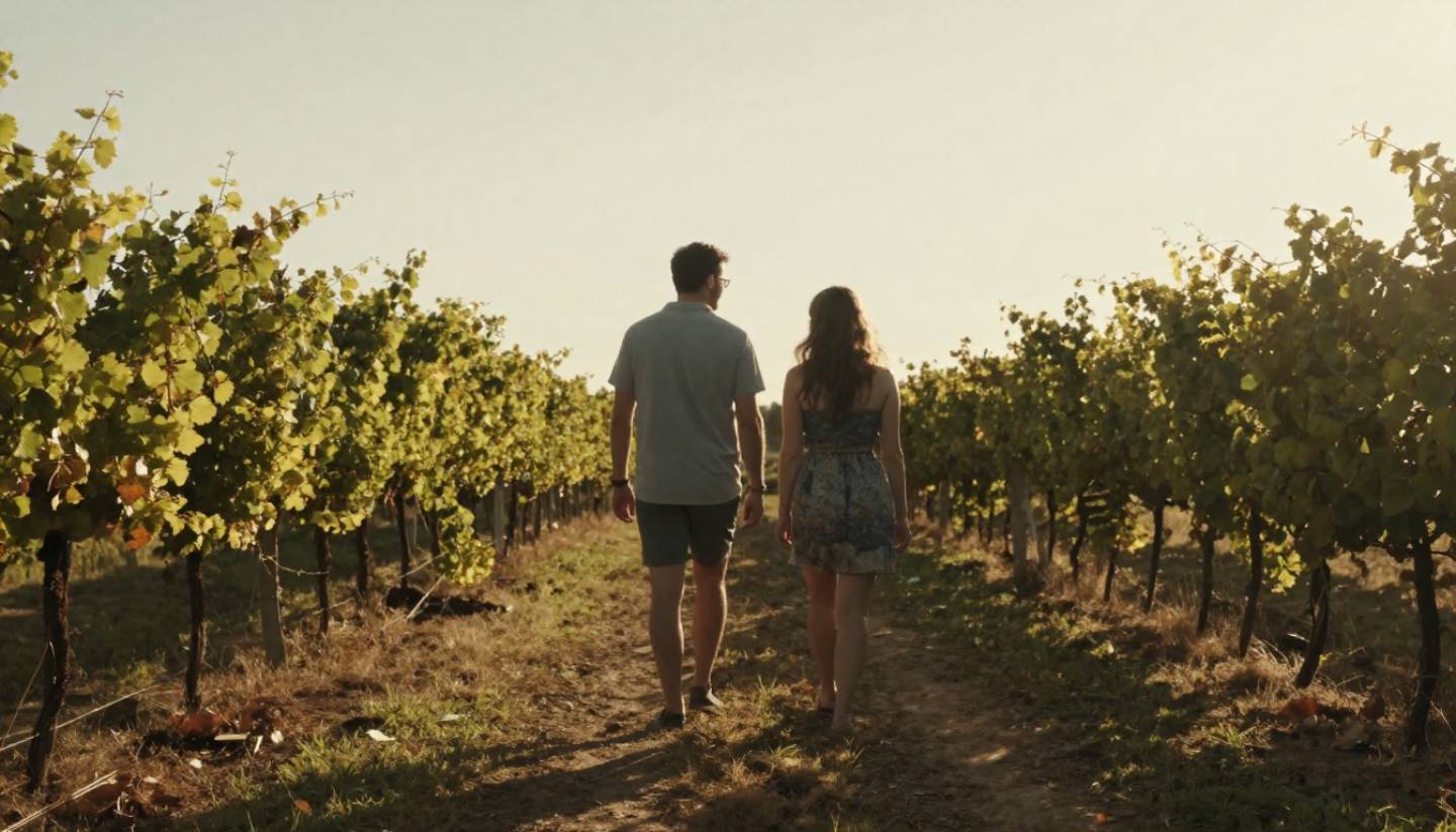 Couple walking together along a vineyard path in Napa Valley during soft morning or evening light.