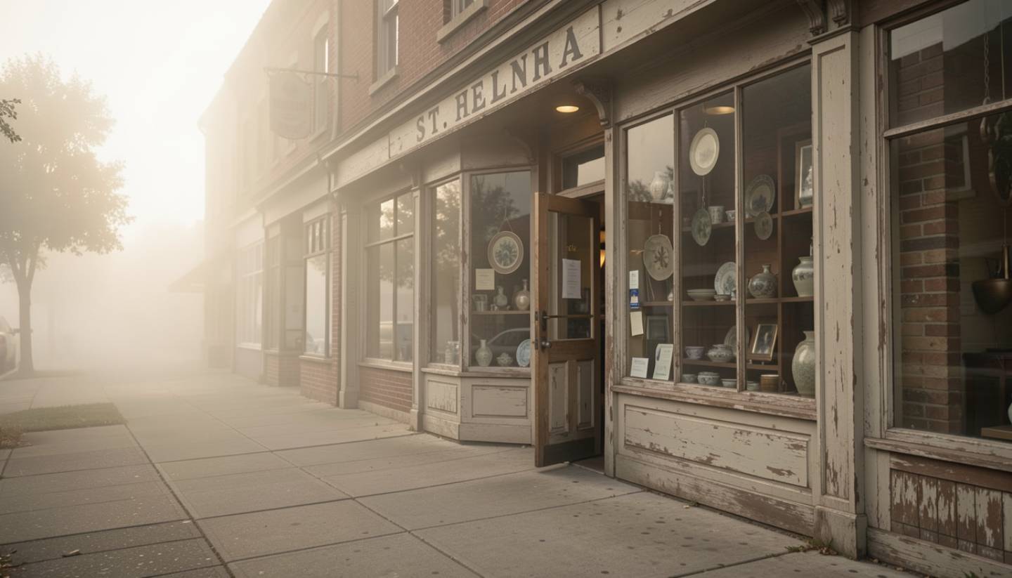 Historic antique shop storefront in Napa Valley during early morning light, showing aged signage, wooden doors, and a quiet sidewalk.