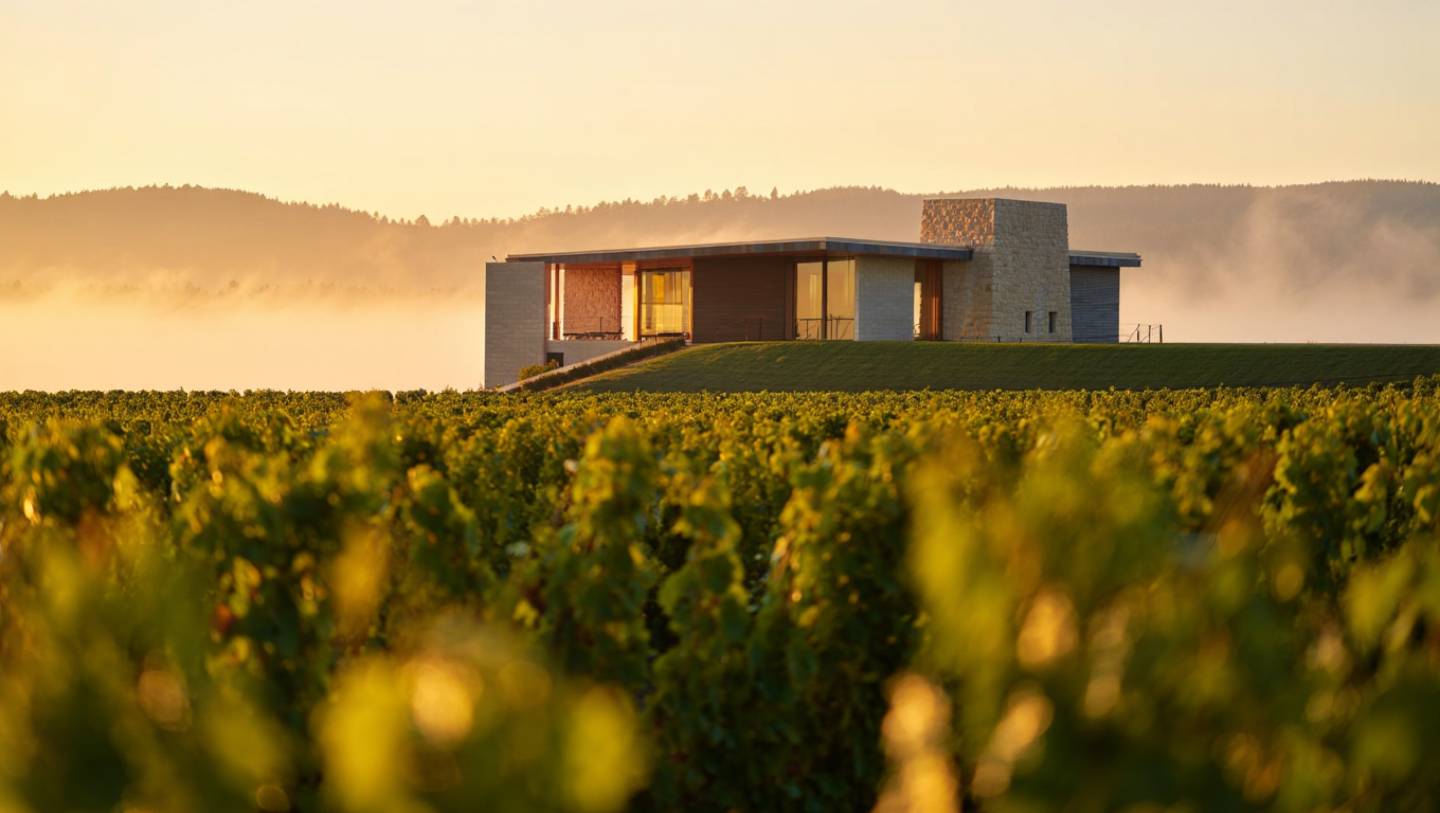Modern winery architecture in Napa Valley built into a hillside with vineyards and morning fog, showing design integrated with the landscape.