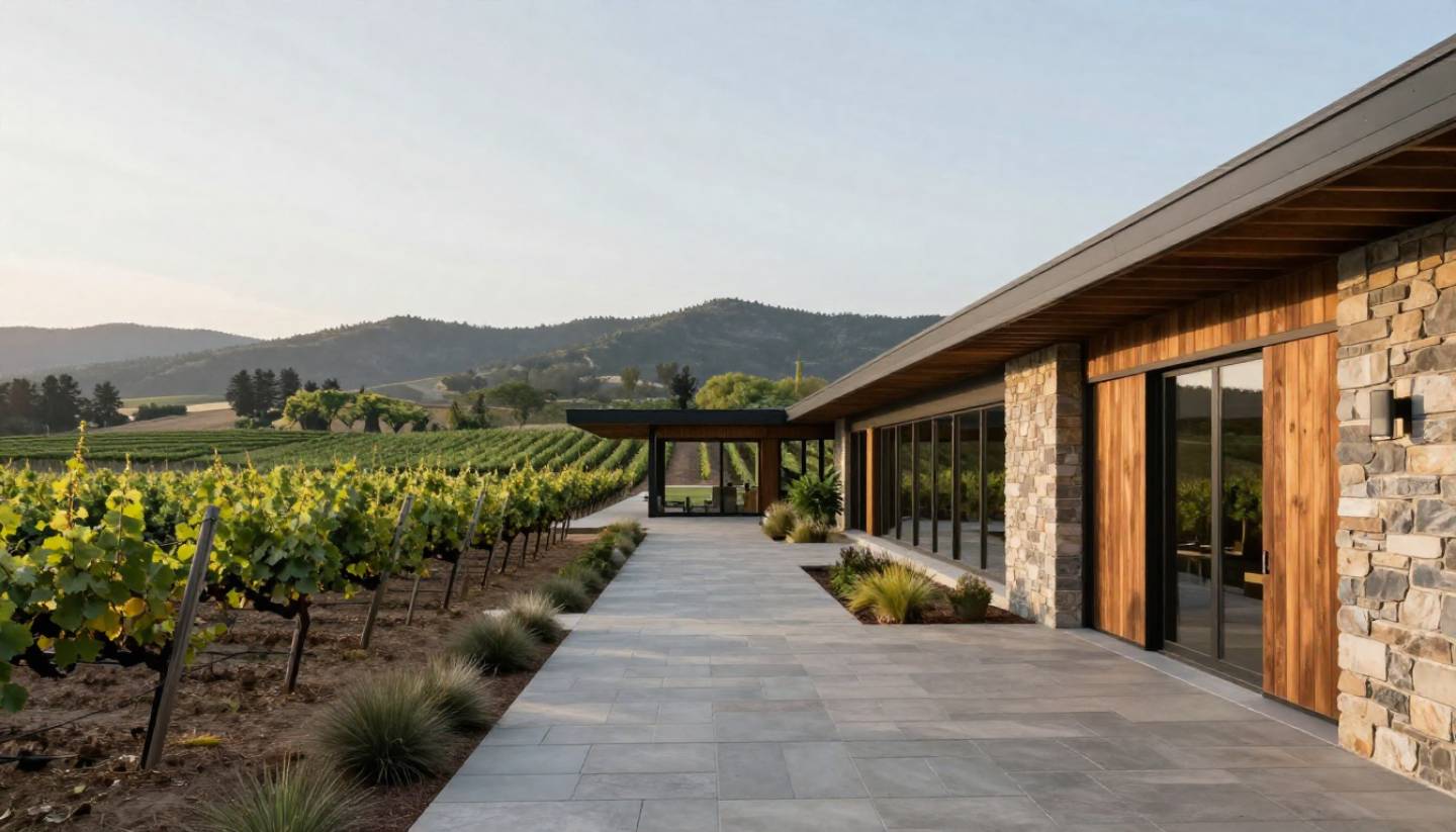 Modern winery architecture in Napa Valley with vineyard rows and surrounding hills, showing clean design integrated into the landscape under soft daylight.