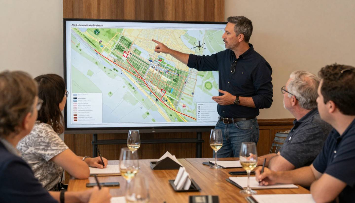 A winery host explains Napa Valley sub-AVAs during a seated tasting, helping visitors understand how grape varieties change by region