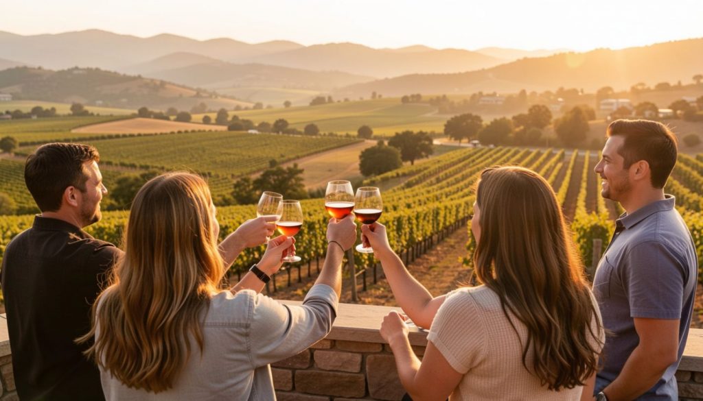 Friends raising wine glasses together at sunset overlooking Napa Valley vineyards, capturing a celebratory bachelor and bachelorette trip moment.