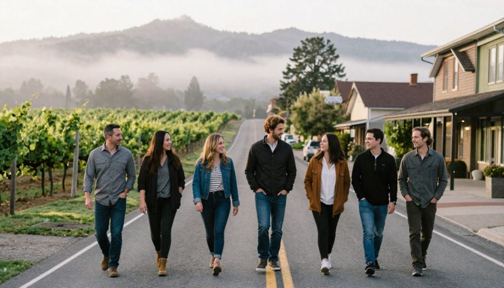 Bachelor and bachelorette group walking through Yountville Napa Valley in the morning near vineyards, showing a relaxed and social trip experience.