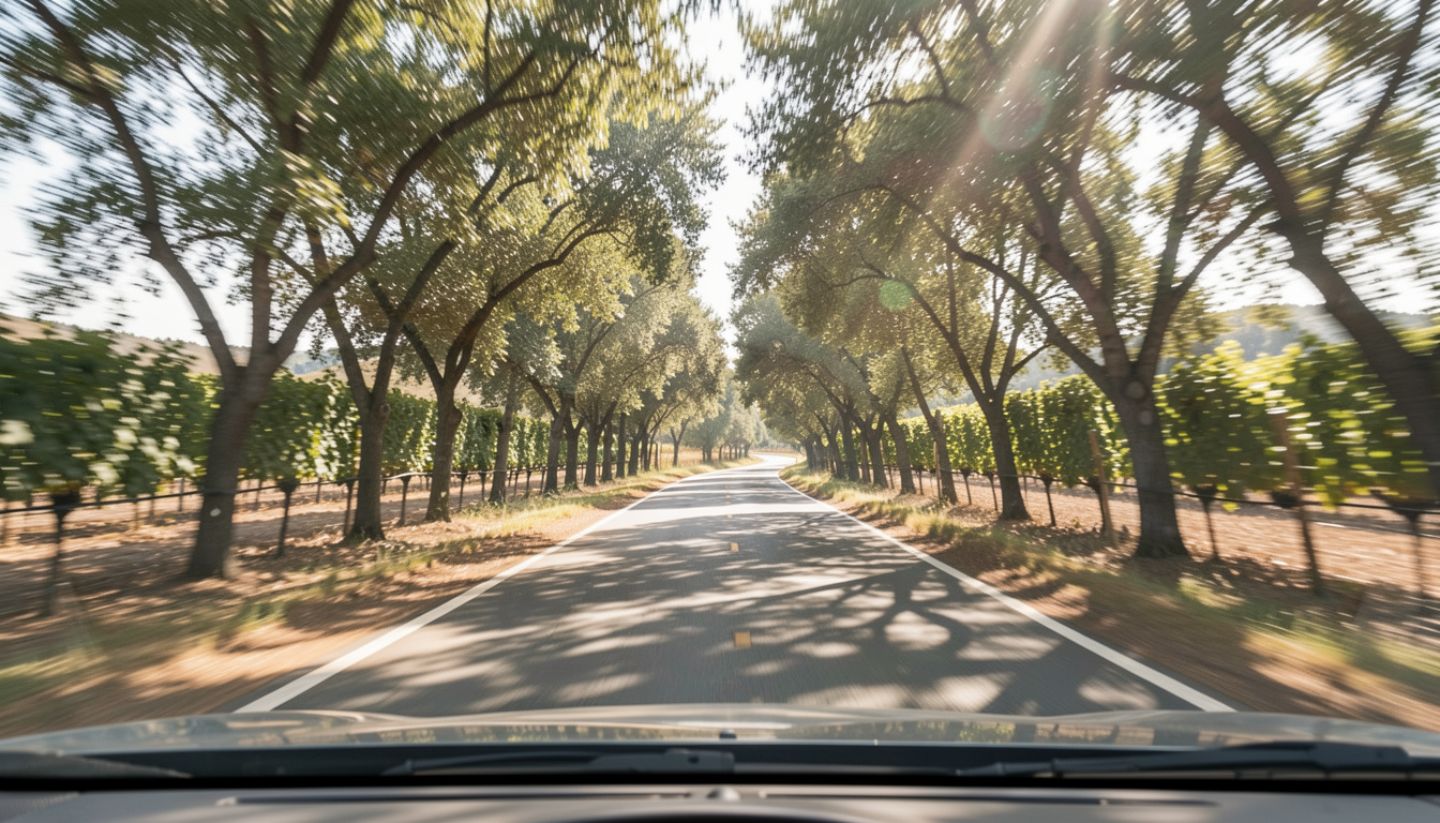 Quiet vineyard-lined backroad in Napa Valley, illustrating a scenic drive ideal for slow travel and picnic stops
