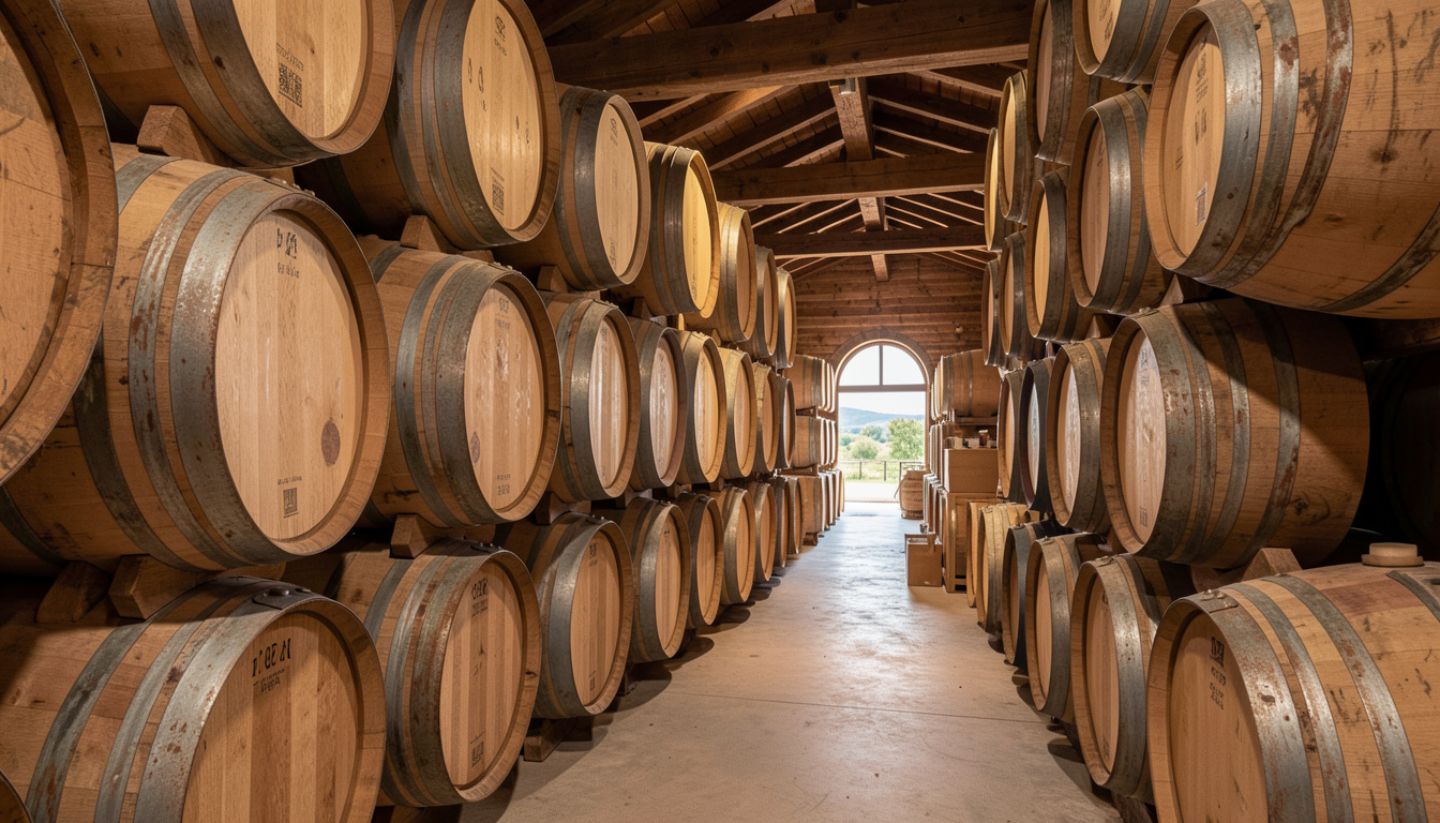 Interior of a Napa Valley winery barrel room with rows of French oak barrels used for aging wine, showing cooperage and cellar conditions.