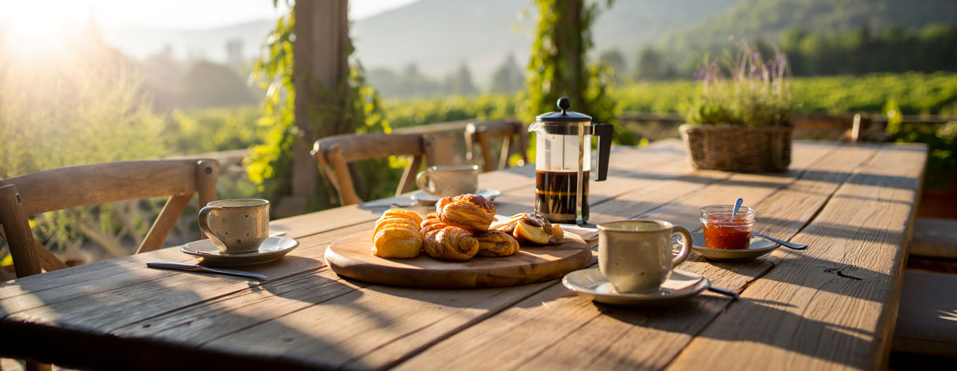 Stone garden path at a Napa Valley bed and breakfast with lavender and trees, showing the peaceful and intimate atmosphere of a small wine country inn.