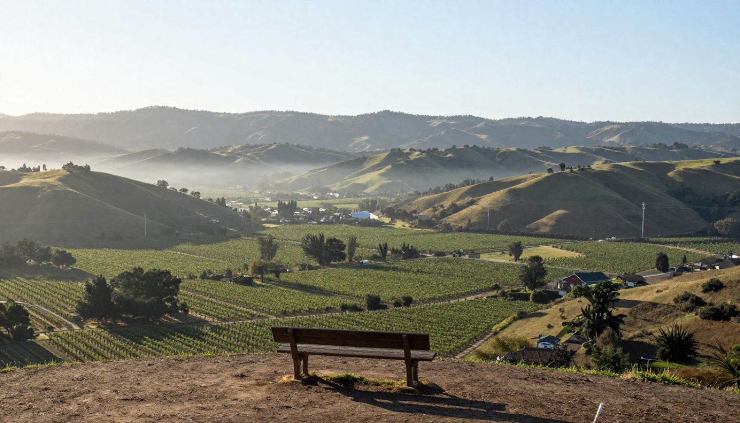 Elevated view of Napa Valley showing benchlands, valley floor, and surrounding hills, illustrating how geography shapes the region.