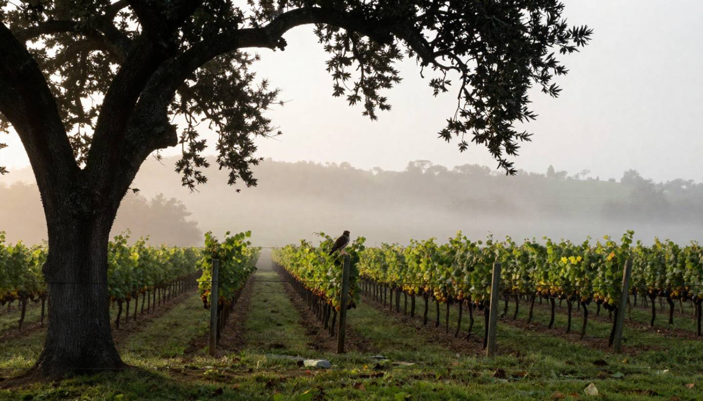 Early morning birdwatching in Napa Valley with a hawk perched near vineyard rows as fog lifts over the valley floor