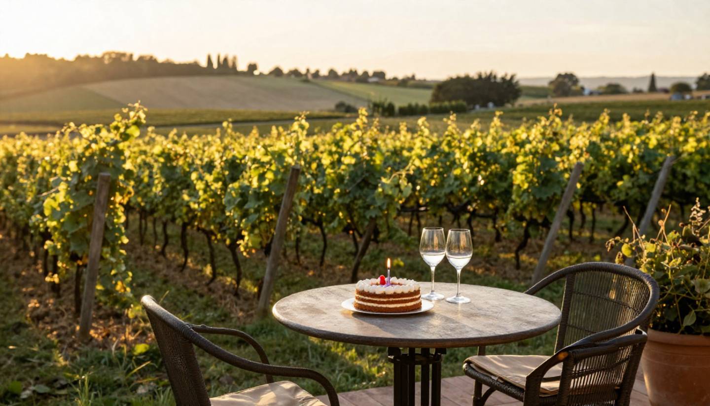 Napa Valley vineyard at golden hour with wine glasses and a birthday dessert on an outdoor table, creating a relaxed birthday celebration setting.