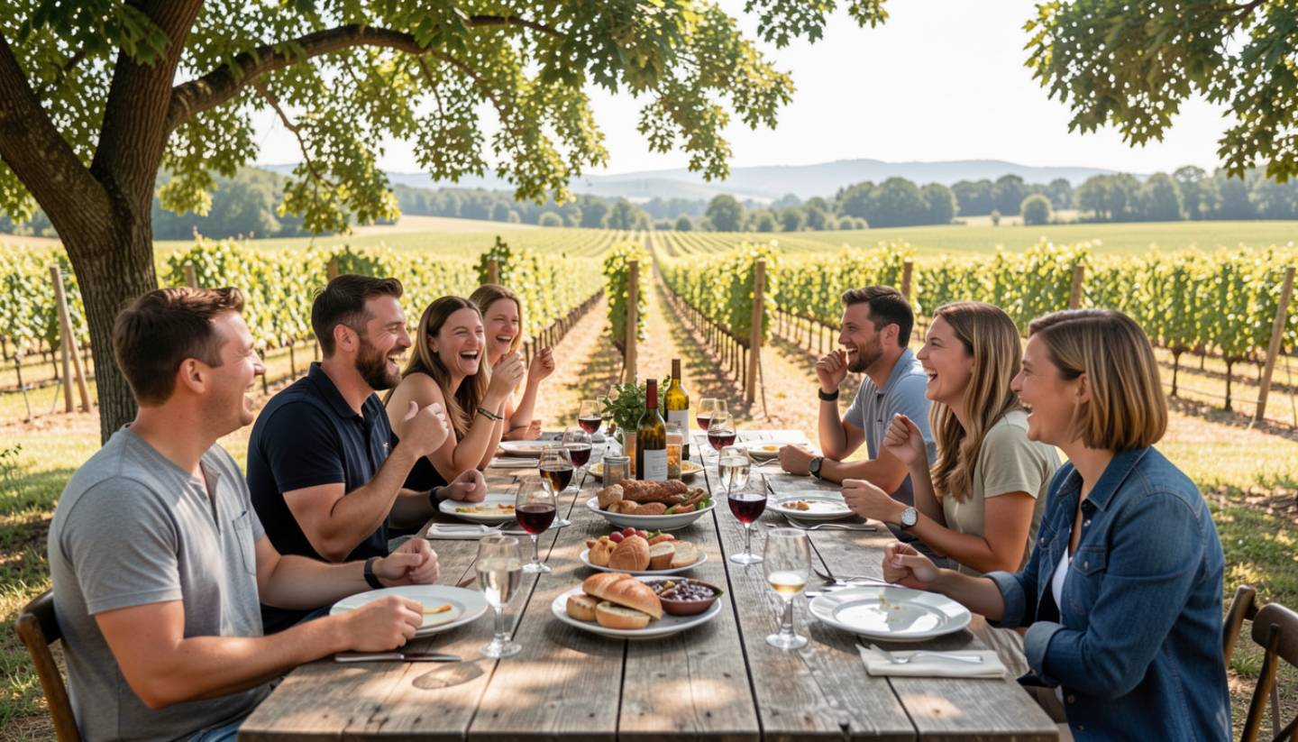 Outdoor group lunch in Napa Valley with friends celebrating a birthday at a long table surrounded by vineyards.