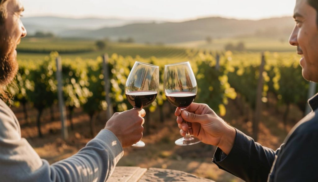 Wine glasses clinking in a gentle toast at a Napa Valley winery, marking a birthday celebration.