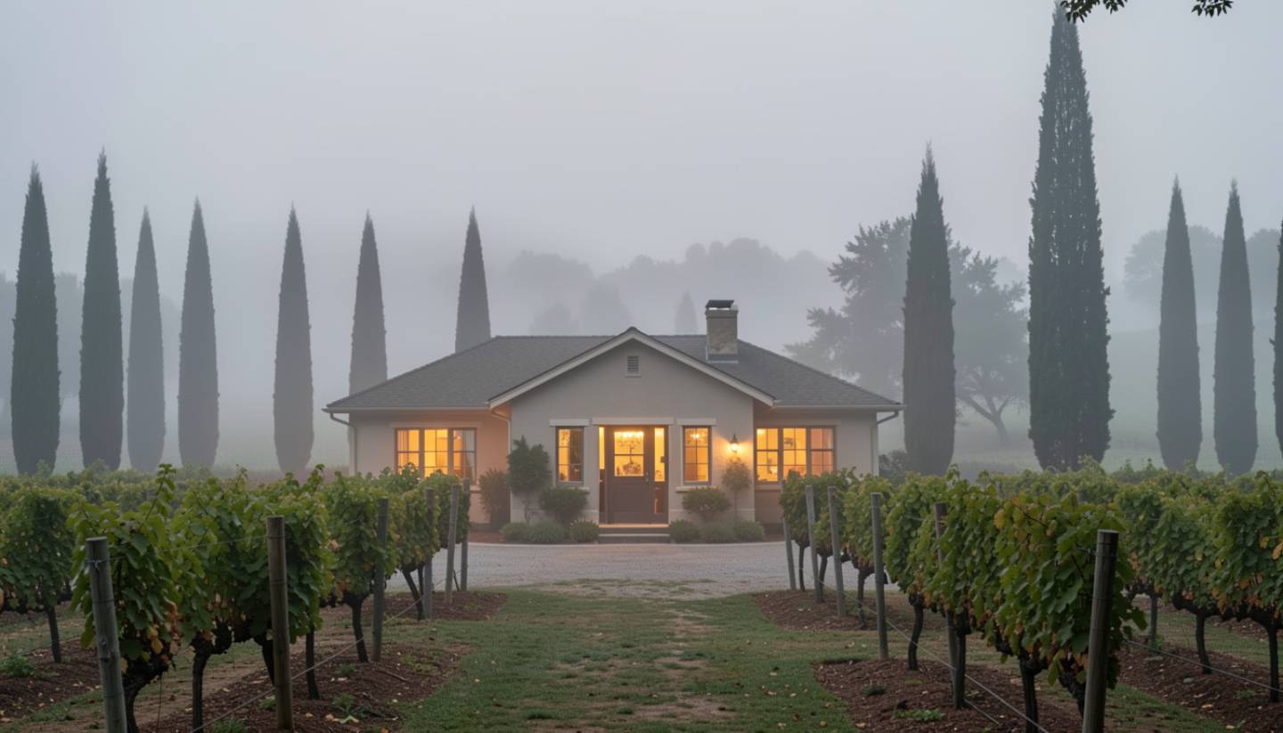 Small boutique hotel in Napa Valley during early morning with soft fog, warm lights, and a quiet atmosphere, showing an intimate alternative to large resorts.