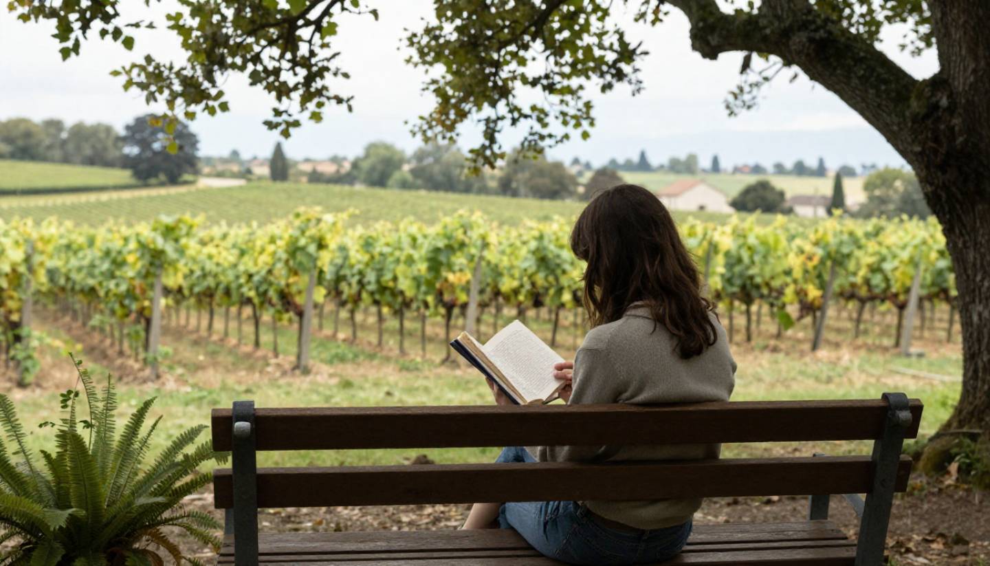 A traveler reading quietly on a patio at a boutique inn in Napa Valley, surrounded by gardens and vineyard views.