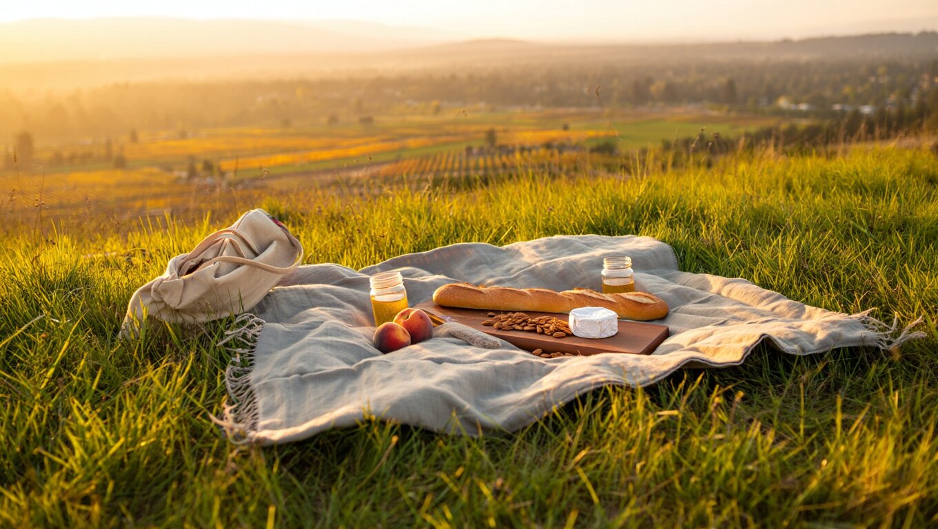 A relaxed Napa Valley picnic scene on a hillside or park overlook. A simple blanket with bread, cheese, fruit, and reusable cups. Vineyard rows stretching into the distance under soft afternoon light. Casual, unstaged, and clearly affordable rather than luxury-focused.