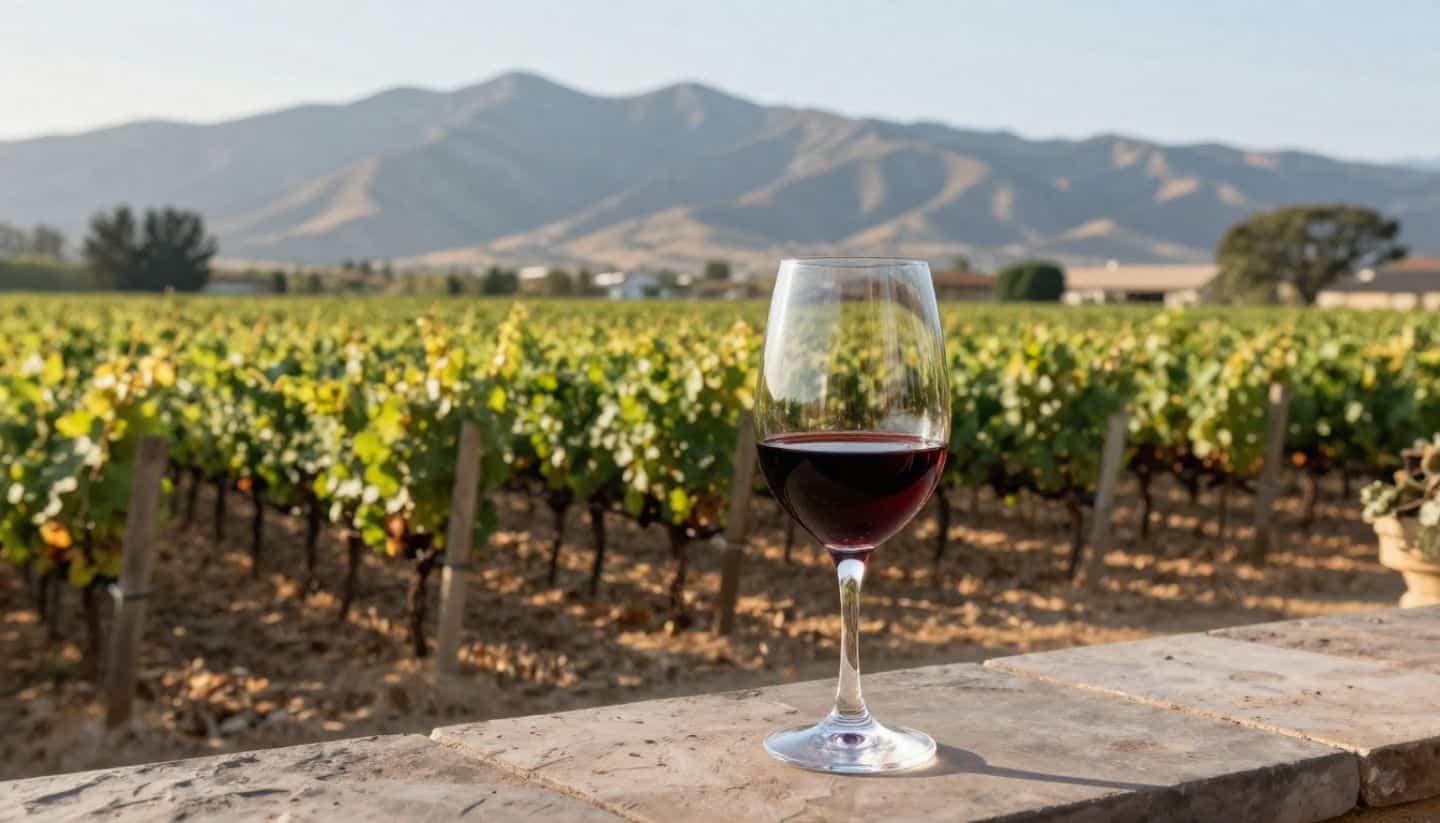 Golden hour light over vineyard rows in Rutherford Napa Valley with a glass of Cabernet Sauvignon on a stone terrace and the Mayacamas mountains in the background.