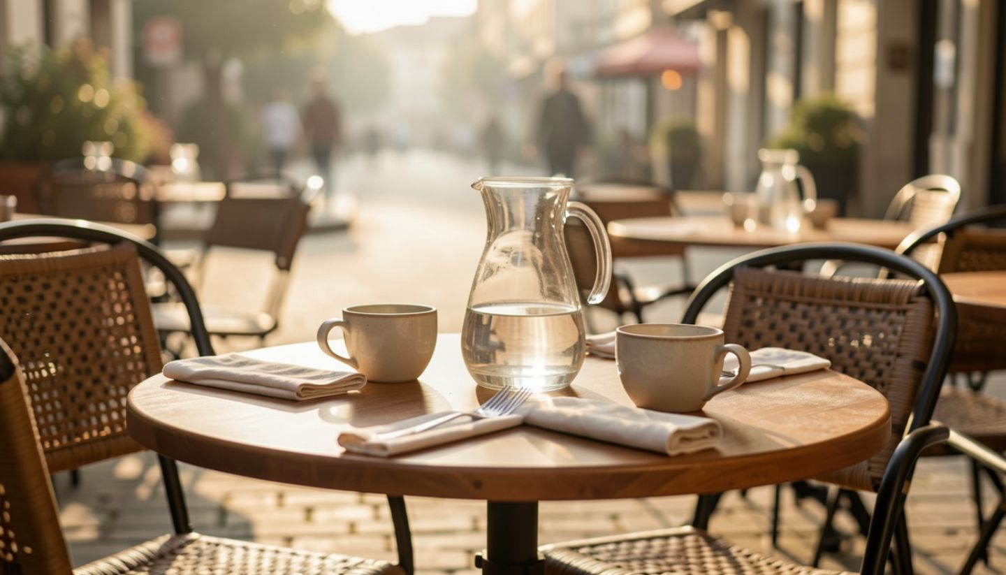 Outdoor café table in Napa Valley with ceramic cups, glass water carafe, and cloth napkins, illustrating plastic-free dining.