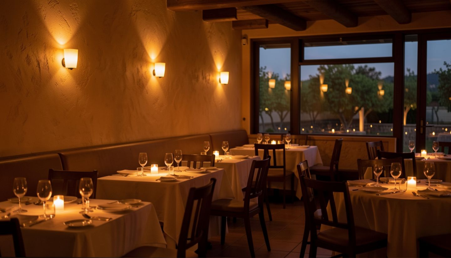 Candlelit dining room in Napa Valley during the evening with warm lighting and softly lit tables, creating an intimate atmosphere for a romantic dinner.