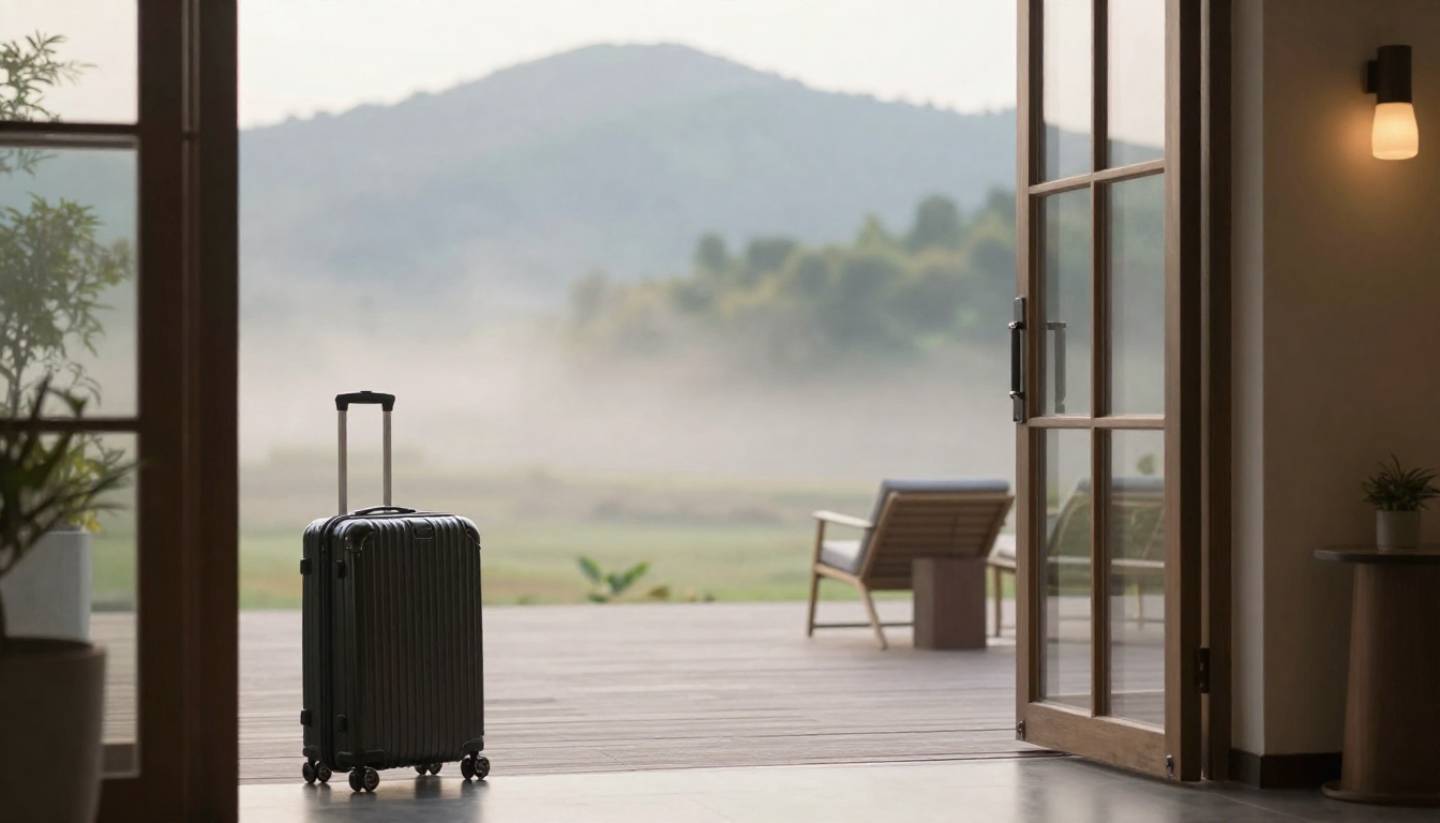 Carry-on suitcase in Napa Valley during a quiet morning, showing minimalist travel and an easy, relaxed wine country experience.