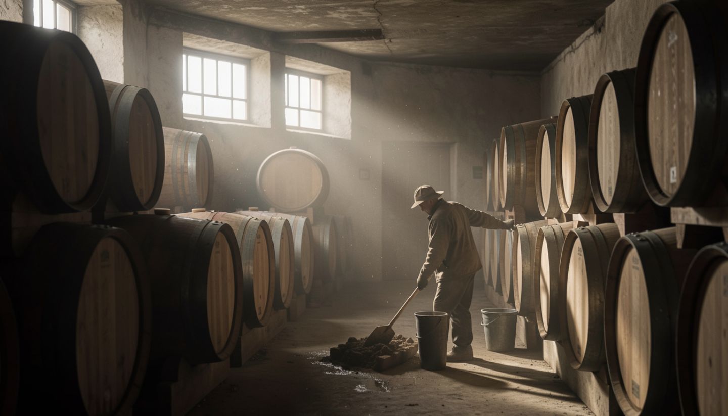 Winemaker inspecting oak barrels in a Napa Valley cellar, illustrating the wine aging and cooperage process.